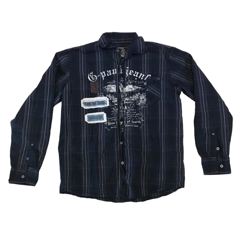 G Paul Shirt XXL Mens Long Sleeve Button Down Cotton Black Gray Plaid Striped